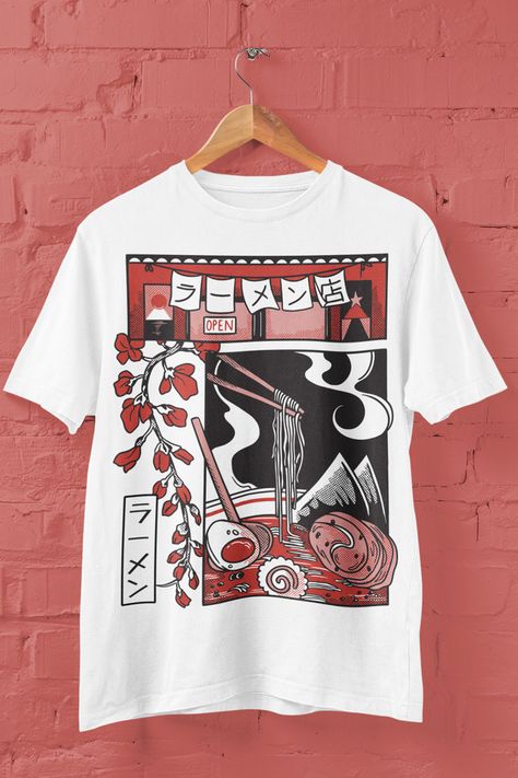 Japanese Ramen Bowl - Japanese Styled Vignette Design featuring a Japanese-styled vignette that contains a ramen bowl and the storefront of a restaurant. sushi, food, japan, japanese, ramen, salmon, rice, nigiri, kawaii, sushi roll, fish, anime, kawaii sushi, asian, christmas, anime, manga, funny. Japan Tshirt Design, Japanese T Shirt Design, Japanese Tshirt Design, Straw Hat One Piece, Manga Zoro, Asian Christmas, One Piece Anime Luffy, Japanese Ramen Bowl, Japan Ramen