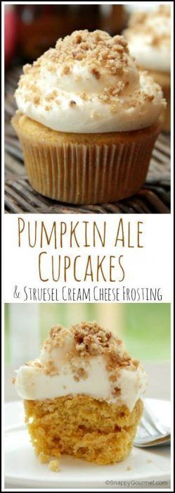 Pumpkin Ale Cupcakes with Streusel Cream Cheese Frosting Boozy Pumpkin Cupcakes, Beer Dessert, Homemade Cupcake Recipes, Cupcake Recipes From Scratch, Boozy Cupcakes, Bake Cupcakes, Cheese Frosting Recipe, Frosting Recipes Easy, Pumpkin Ale