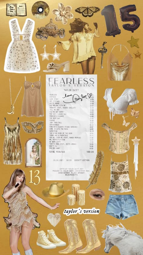 fearless era ✨💛🥂 #fearless #taylorswift #taylorswiftfearless #erastour #fearlessera #erastouroutfits Ts Fearless Era, Taylor Swift Fearless Accessories, Ts Fearless Outfit, Taylor Swift Fearless Party Theme, Taylor Fearless Outfits, Fearless Themed Outfits, Taylor Swift Concert Outfit Fearless Era, Fearless Dress Eras Tour Outfit, Fearless Era Outfit Ideas