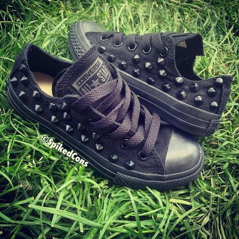 All black mono converse customized with black studs**other color stud options are available and listed* Spiked Sneakers, Converse Customized, Emo Shoes, Studded Converse, All Black Converse, Baskets Converse, Studs And Spikes, Black Studs, Converse Red