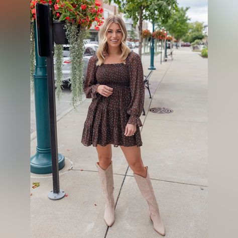 Sizing Info: Fits True To Size, Has Stretch S- 2/4, M- 6/8, L- 10/12 Description: 100% Polyester Hand Wash Cold / Hang Dry Model Is 5'8, Size Small, Wearing The Size Small Brown Dress White Boots, Fall Dress With Cowgirl Boots, Plus Size Dress With Boots, Cowgirl Boot Dress, Long Sleeve Dress With Boots, Boho Dress With Boots, Short Dress With Boots, Fall Dresses With Boots, Dress With Cowboy Boots