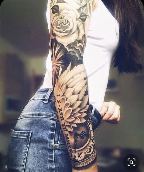 Voll Arm-tattoos, Arm Sleeve Tattoos For Women, Dragons Tattoo, Nature Tattoo Sleeve, Girls With Sleeve Tattoos, Full Sleeve Tattoo Design, Bird Tattoos, Floral Tattoo Sleeve, Tattoos For Black Skin