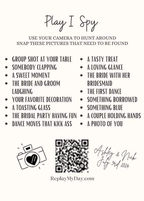 Embark on a scavenger hunt of love! Explore our wedding wonderland, snap photos of hidden treasures, and share them with the bride and groom to unlock cherished memories Scavenger Hunt Wedding Reception, Fun Wedding Add Ons, Bride And Groom Party Ideas, Wedding Photo Scavenger Hunt Printable, Wedding Indoor Activities, Wedding Scavenger Hunt Photos, Wedding Reception Games For Bride And Groom, Photo Scavenger Hunt Wedding, Reception Activities For Guests