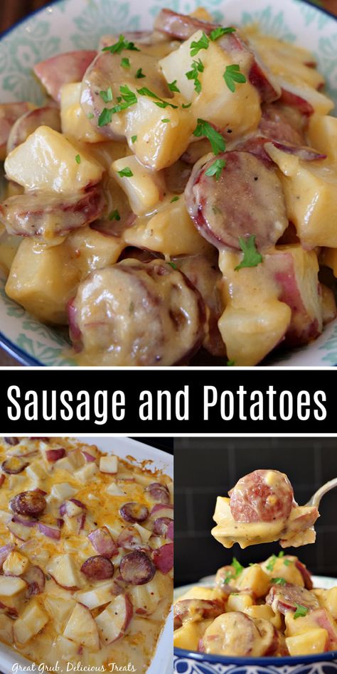 Collage of overhead shot of sausage and potatoes in bowl at top, baking dish filled with sausage and potatoes at lower left and spoonful of sausage and potatoes over bowl of more at lower right. Kilbasa Sausage Recipes, Sausage And Potato Casserole, Smoked Sausage And Potato Recipe, Polish Sausage Recipes, Sausage Potato Casserole, Sausage And Potato Bake, Sausage And Potatoes, Sausage Recipes For Dinner, Sausage Potato