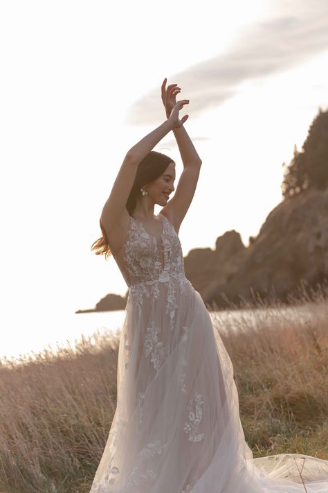 kara by madi lane | a&bé bridal shop | madi lane bridal | madi lane wedding dress | nostalgia spring 2023 collection | a-line wedding gown with plunging v-neckline, covered in sequin and embroidered floral lace motifs cascading down flowy tulle skirt | deep v neckline wedding dress | floral a-line wedding dress | flowy skirt wedding gown | romantic wedding dress | whimsical wedding dress | sparkly lace wedding dress | #aandbebridalshop #madilane Sparkly Lace Wedding Dress, Madi Lane Wedding Dress, V Neckline Wedding Dress, Madi Lane Bridal, Madi Lane, Wedding Dresses Whimsical, Lace Motifs, Modest Neckline, Wedding Dress Flowy