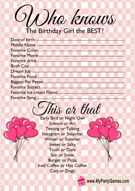 Birthday Who Knows Me Best, Do You Know The Birthday Girl, Sweet 16 Birthday Party Games, Sweet 16 Printables Free, Who Knows The Birthday Girl Best Game, Who Know The Birthday Girl The Best, Who Knows The Bday Girl Best, Ideas For 14th Birthday Girl, 16th Birthday Game Ideas