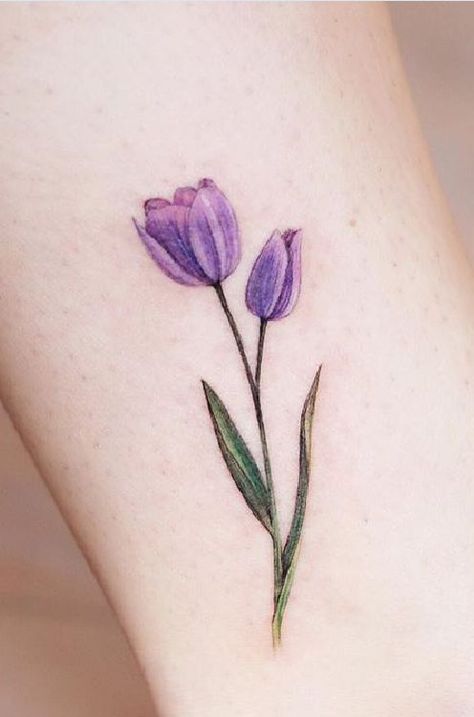 Tulip Color Tattoo, 2 Tulips Tattoo, Tulip Tattoo Purple, Watercolour Tulip Tattoo, Purple Tulips Tattoo, Crocus Tattoo Small, Colored Tulip Tattoo, Double Tulip Tattoo, Watercolor Tulip Tattoo