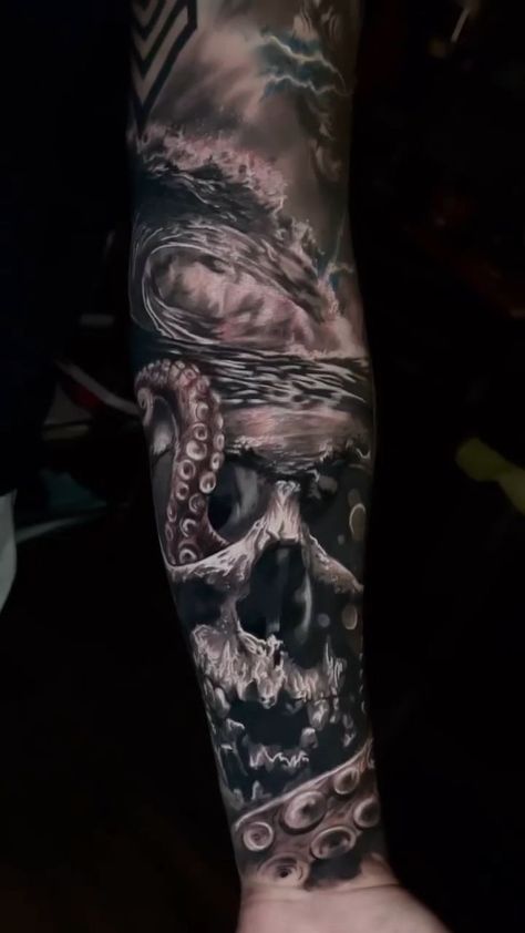 Easy Arm Sleeve Tattoo, Ocean Mythology Tattoo, Pirate Forearm Tattoo, Kracken Tattoo Sleeve, Octopus Arm Sleeve, Octopus Tattoo Sleeve Men, Kraken Sleeve Tattoo, Kraken Leg Tattoo, Poseidon Kraken Tattoo