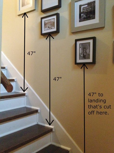 How to hang pictures in stairwell Frames On The Stairs, Photos Along Staircase, Frames Up Stairs, How To Hang Art On Staircase Wall, Photo Frames Staircase, Bottom Of Staircase Decor, Entry Stairs Decor, Stair Case Wall Art, Picture Frames Staircase Wall