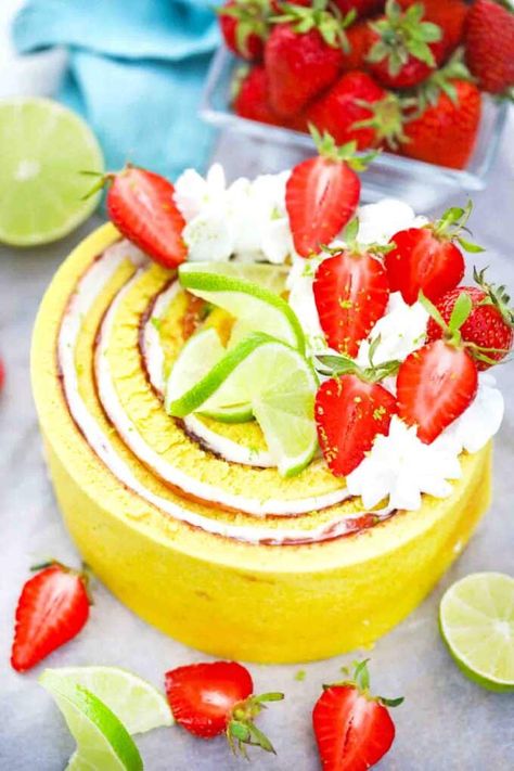 Vertical Cake Recipes, Vertical Layer Cake, Vertical Cake, Spiral Cake, British Baking Show Recipes, Swiss Rolls, Savoury Snacks, Lime Cake, Strawberry Lime