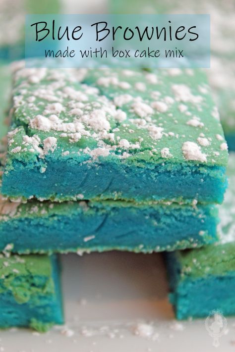 Blue Cake Mix Brownies | Through the Cooking Glass Blue Brownies, Baby Shower Desserts Boy, Cake Mix Brownies, Blue Velvet Cakes, Funfetti Cake Mix, Strawberry Cake Mix, Cookie Cake Birthday, Shower Desserts, Blue Cakes