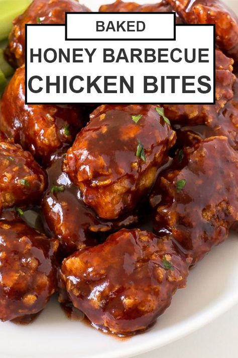 Baked Honey Barbecue Chicken Bites coated in crunchy cornflakes and tossed with a sweet Honey Barbecue Sauce! Perfect as an appetizer or for dinner! Honey Barbecue Chicken Bites, Honey Bbq Chicken Nuggets, Baked Honey Bbq Chicken Bites, Bbq Chicken Bites Recipes, Barbeque Recipes Chicken, Healthy Chicken Bites Recipes, Bbq Chicken Bites Baked, Chicken Bites Recipes Easy, Easy Chicken Bites Recipes