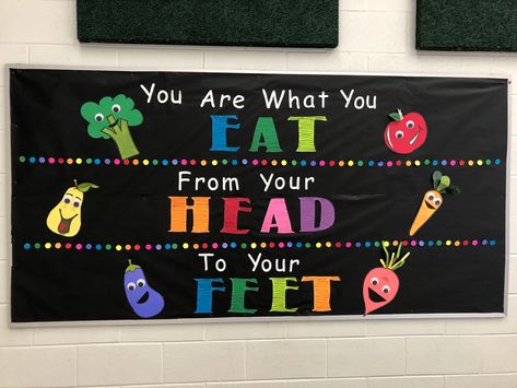 Healthy Habits Bulletin Board Ideas, Healthy Eating Bulletin Board, Food Themed Bulletin Boards, Myplate Activities, School Cafeteria Bulletin Board Ideas, Healthy Food Bulletin Board, Food Bulletin Board Ideas, Bulletin Board Ideas For Cafeteria, Lunch Room Bulletin Board Ideas