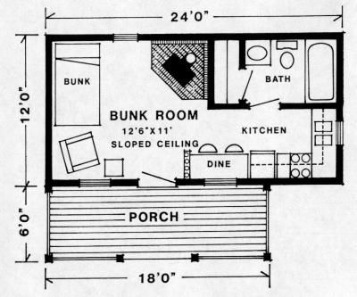 12' x 24' tiny floorplan our exact cabin size... Great layout Trapper Cabin, 12x24 Tiny House, Trappers Cabin, Tiny House Blog, Cabin Floor, Cabin Floor Plans, Small House Floor Plans, Cabin House Plans, Tiny House Floor Plans