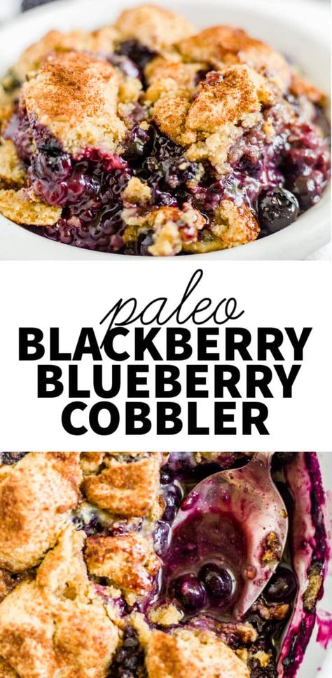 Look no further for a healthy blueberry dessert recipe! This paleo blackberry blueberry cobbler is all you need! The cobbler topping is grain free and made with almond flour, coconut oil and maple syrup while the filling is made with fresh blackberries and blueberries. Paleo Berry Cobbler, Healthy Berry Cobbler, Paleo Blueberry Cobbler, Healthy Blueberry Desserts, Blueberry Desserts Recipes, Blueberry Cobbler Recipes, Cobbler Topping, The Cobbler, Berry Cobbler