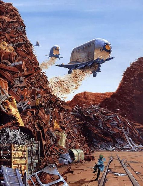 Garbage Dump Illustration, Junkyard Illustration, Junkyard Concept Art, Cyberpunk Junkyard, Dragons Illustration, Chris Foss, Trash Dump, Space Trash, Garbage Dump