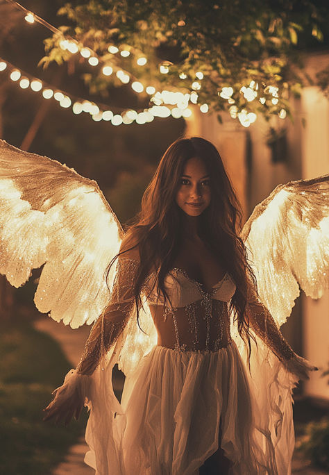 Angel College Halloween Costume Halloween Wings Costume, Angel Goddess Costume, Angel Costume Aesthetic Halloween, Magical Costume Ideas, Angel Party Outfit, Modest Angel Costume, Dark And Light Angel Halloween Costume, Angel Costume Ideas For Women, Angel Costumes Women