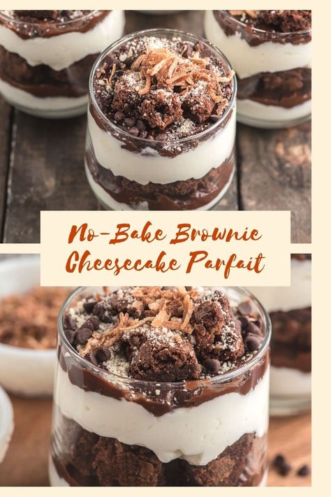 Brownie Crumble Dessert, Desserts In Cups Parties, Individual Parfait Desserts, Brownie Desert Cups, Thanksgiving Parfait Recipes, Brownie Batter Cheesecake In A Jar, Mini Cheesecake Parfait Desserts, Dessert Parfait Ideas, Layered Parfait Desserts