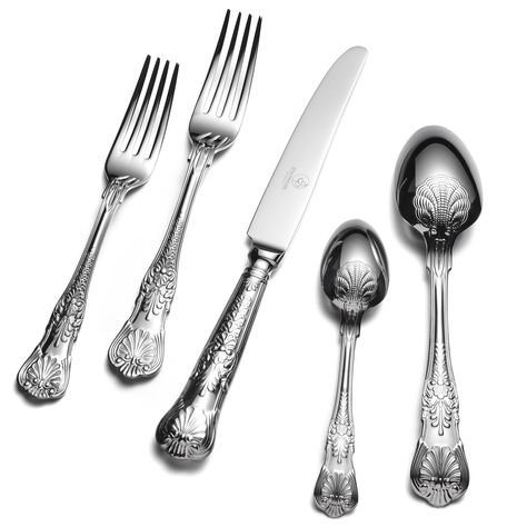 PRICES MAY VARY. Silverware set crafted with premium 18/10 stainless steel, this cutlery set is nice looking, heavy, thick, strong and sturdy. The 40 piece flatware set includes 8 pieces each of dinner knife (9.65 inch), dinner fork(8.2 inch), salad/dessert fork(7.3 inch), soup spoon(8.2 inch) and tea spoon(6.3 inch). All items finely made, with ornative design along the handle, a real high quality silverware set. With its antique design, this vintage silverware set brings classic back to life. Unique Flatware, Imperial Design, Gingham Curtains, Vintage Forks, Rustic Wooden Table, Vintage Cutlery, Whimsical Home, Dessert Fork, Tea Spoon