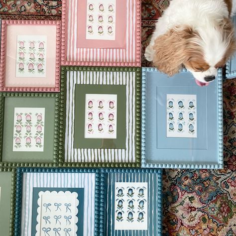 Bows, Buds, & Bobbins ft. @teddythecavking as my little helper! 🐶🤍🎀 🤍✨ these sweet pieces are available on my site! #interiordesign #design #artwork #painting #gold #frames #blue #flowers #pattern #traditional #canvas #acrylic #brass #tablescape #womenowned #smallbusiness #selftaught #interiordesigner #collector #homegoods #art #vintage #vibe #picture #beautiful #bobbins Bobbin Picture Frame, Fabric Matte Frame, Memory Frame Ideas, Brass Tablescape, Wallpaper Picture Frame, Framing Fabric, Painted Frames, Picture Frame Mat, Painted Picture Frames