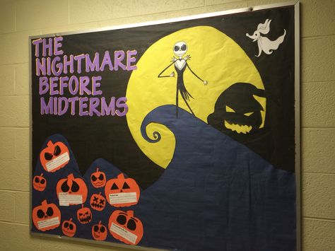 My RA bulletin board for October. I was going for a midterm theme but still wanted to have a Halloween aspect to it. When I was searching I found barely any midterm themed boards or The Nightmare Before Christmas for that matter.   That being said, I drew my inspiration from a collage of different images that I liked the most. I decided to share just in case someone was looking. Enjoy guys Dorm Bulletin Boards, Porta Halloween, October Bulletin Boards, November Bulletin Boards, College Bulletin Boards, Thanksgiving Bulletin Boards, Work Bulletin Boards, Interactive Bulletin Boards, Halloween Bulletin Boards