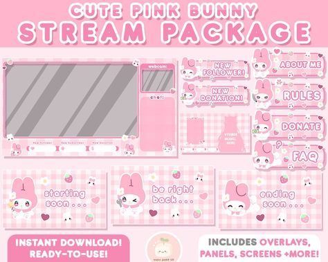 Twitch Cute Pink Bunny Stream Package Twitch Overlays - Etsy Philippines Tiktok Layout Design, Vtuber Loading Screen, Cute Layout Design, Kawaii Stream Overlay, Textbox Png Aesthetic, Twitch Layout Ideas, Pink Twitch Overlay, Kawaii Thumbnail, Vtuber Layout