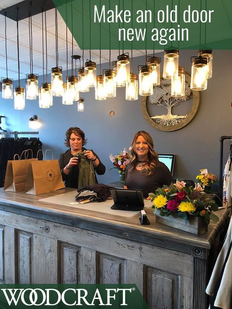 Using an old wooden door to create a custom retail checkout counter that's got people talking! Retail Checkout Counter, Boutique Counter, Retail Checkout, Cool Retail, Door Projects, Checkout Counter, Retail Counter, Store Counter, Old Wooden Doors