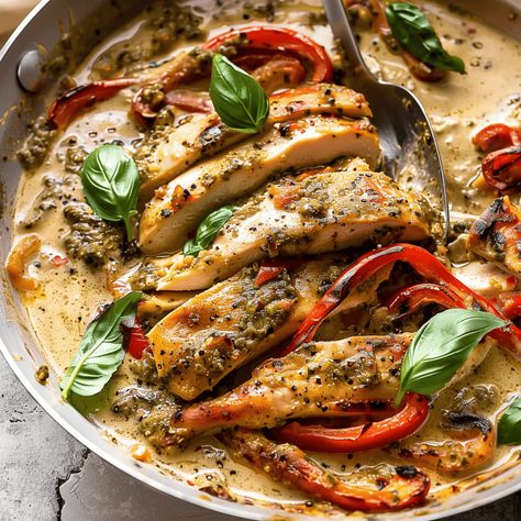 Looking for a quick, delicious dinner that comes together in just 30 minutes? This Creamy Pesto Chicken recipe is your answer! It’s packed with vibrant flavors, satisfying textures, and requires ... Read more Easy Pesto Chicken, Pesto Chicken Recipe, Pesto Cream Sauce, Creamy Pesto Chicken, Basil Pesto Chicken, Dream Restaurant, Quick Delicious Dinner, Creamy Pesto Sauce, Chicken Pesto Recipes