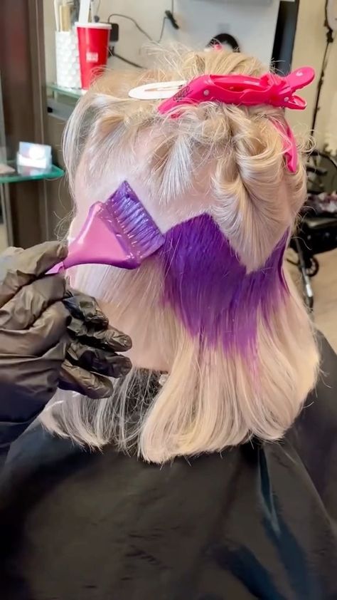 Blonde And Purple Hair Short, Blond With Color, Pastel Hair Colors With Blonde, Blonde Hair With Purple Peekaboo, Creative Hair Color Placement, Blonde Hair With Purple Tips, Hidden Rainbow Hair, Hair Color Placement, Short Hair Accessories