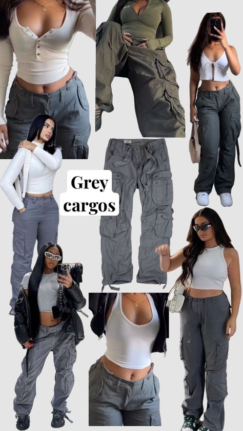 Grey Pants Outfit Women Street Style, Baggy Grey Cargo Pants Outfit, Styling Grey Pants Women, Gray Cargos Outfit Women, Cute Outfits With Cargos, Styling Grey Cargos, Grey Cargo Pants Outfit Summer, Grey Cargos Fit, Grey Cargo Pants Outfit Aesthetic