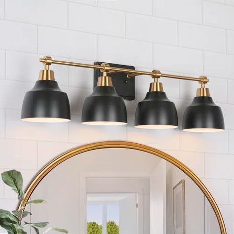 Wade Logan® Hitterdal 3 - Light Dimmable Vanity Light | Wayfair Farmhouse Vanity Lights, Modern Bathroom Vanity Lighting, Black And Gold Bathroom, Modern Vanity Lighting, Vanity Lights Bathroom, Farmhouse Vanity, Black Vanity Light, Vintage Wall Sconces, Black Vanity