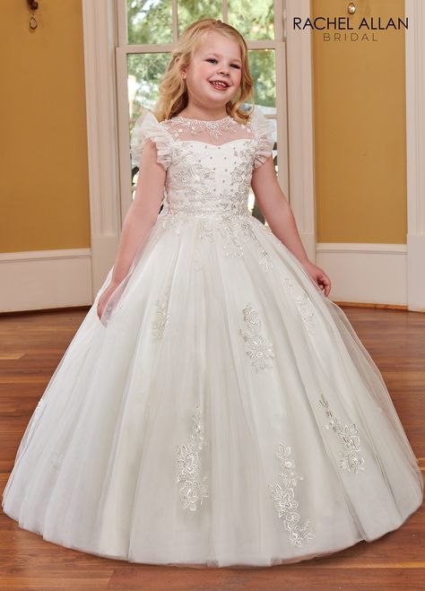 RB9122 - Tulle and lace applique flower girl ball gown with illusion round neck line, flutter sleeves, keyhole and bow on the back, pearls and beads on bodice, and lace-up back closure. Comunion Dress, Communion Dresses Lace, Short Sleeve Gown, Girls First Communion Dresses, Rachel Allan Prom Dresses, Applique Flower, Simple Frock Design, Holy Communion Dresses, Girls Ball Gown