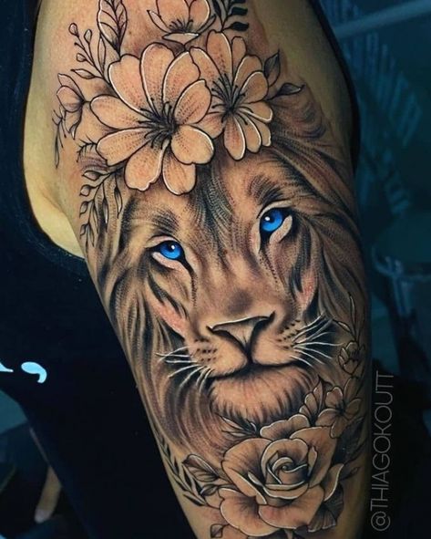 Lion Tattoo With Flowers, Leo Lion Tattoos, Lion Tattoo On Thigh, Female Lion Tattoo, Animal Tattoos For Women, Lion Head Tattoos, Leo Tattoos, Lion Tattoo Design, Hip Tattoos Women