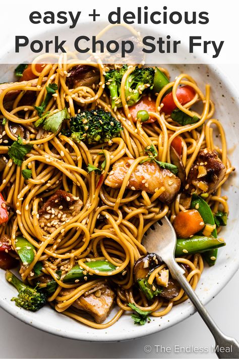 Pork Chop Stir-Fry - The Endless Meal® Healthy Pork Chop Meals Easy Dinners, Asian Pork Stir Fry Recipes, Asian Boneless Pork Chops, Stir Fry With Pork Chops, Pork Fried Noodles Stir Fry, Pork Chops Leftovers Ideas, Pork Stir Fry With Noodles, Pork Noodle Stir Fry Recipes, Pork Fried Noodles