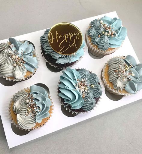 Blue Themed Cupcakes, Birthday Muffins Decoration, Grey Cupcakes, Muffins Decoration Ideas, Fancy Cupcakes Decorating, Elegant Cupcake Designs, Creative Cupcake Recipes, Muffins Decoration, Eid Cupcakes