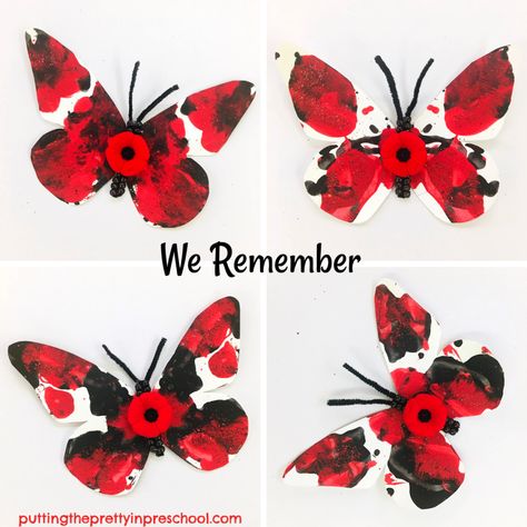 "We Remember" butterfly craft for Remembrance Day. Squish painted butterfly accented with beadwork, glitter, and a poppy. #butterflycraft #RemembranceDayCraft #poppycraft #bulletinboardidea #butterflycraftsforkids Remember Day Activities For Kids, Remembrance Week Activities, Poppy Day Eyfs, Remembrance Day Art For Preschoolers, Remembrance Day Toddler Crafts, Poppy Craft Kindergarten, Remembrance Day Door Decorations, Poppy Projects For Kids, Remembrance Day Activities For Babies