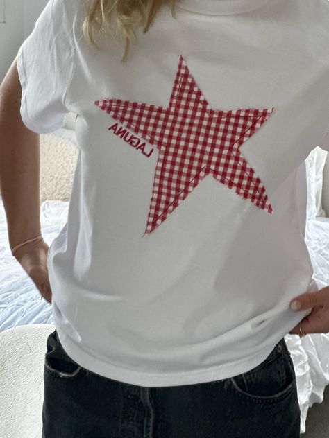 Vintage gingham 'star' baby tee – LAGUNA co Patch Work Shirt Designs, Diy Sorority Sweatshirt, T Shirt Patchwork, Patch Shirt Ideas, Diy Baby Tee, Embroidered Shirt Ideas, Patchwork Shirt Diy, Embroidered Sweatshirt Diy, Sewing Sweatshirts