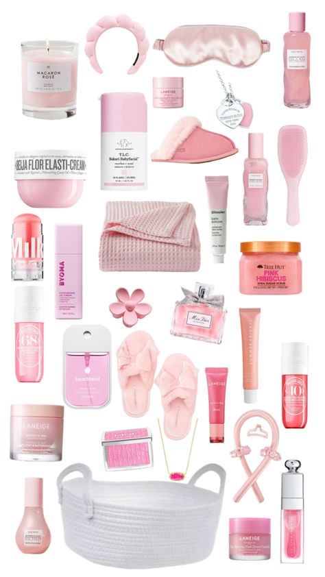 #pink gift basket ideas!! btw it isnt get all of this bc thats A LOT just what you would be appreciated 🩷🩷 hope this helps! 🌸✨💗#coquette #barbie #preppy #selfcare #cosy #gift #spa #treat #love #giftinspo #preppy #aesthetic Pink Teen Gifts, Sleepover Box Gift Ideas, Pink Christmas Gifts Ideas, Birthday Present Ideas For Yourself, Girly Birthday Gift Ideas, Pink Christmas Gift Basket, All Pink Gift Basket Ideas, Pink Presents Aesthetic, Cosy Gift Ideas