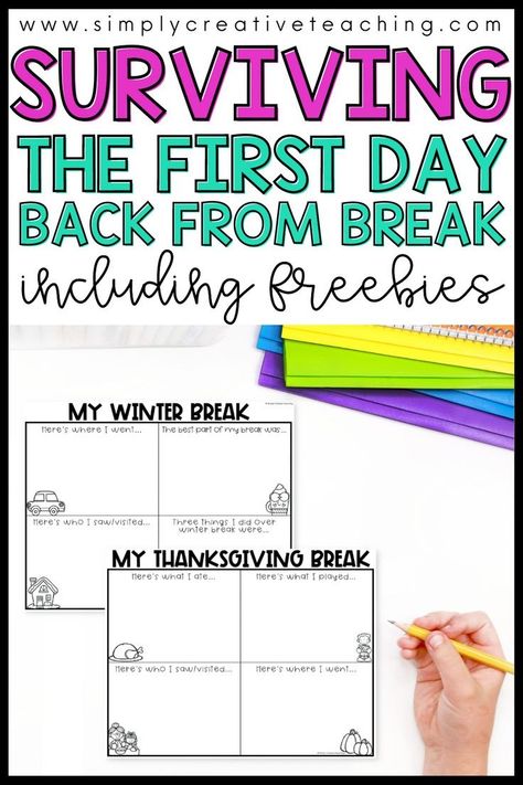 Are you looking for help surviving the first day back from break? Check out these writing activities for a fun and stress free way to welcome back your students from holiday. Your students will love using these writing activities to share what they did during their break. Coming back from break has never been easier for both teachers and students! Plus, get FREE writing sheets for the day after Fall Break, Halloween, Thanksgiving, Winter Break, and Valentine's Day! Read more here! Winter Break Activities, First Grade Freebies, Writing Complete Sentences, Writing Graphic Organizers, Welcome To Kindergarten, Back To School Worksheets, Broken Book, Writing Sheets, Classroom Welcome