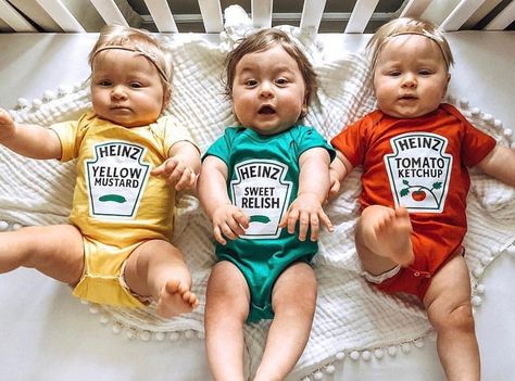 Coordinated Halloween Costumes For Twins, Triplets, and Siblings Unique Kids Halloween Costume, Triplets Photography, Mustard Outfits, Baby Shower Unique, Newborn Costume, Newborn Halloween Costumes