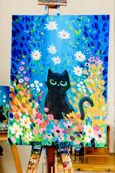 Cute Cat Painting Easy, Cat Acrylic Painting Easy, Easy Cat Painting, Cat Painting Easy, Acrylic Cat Painting, Acrylic Painting Cat, Day And Night Painting, Cat Acrylic Painting, Cat Step By Step