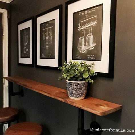 DIY Bar Ledge: How to Make an Industrial Bar Ledge Diy Bar Ledge On Wall, Home Bar Essentials, Cocktails At Home, Home Bar Rooms, Pallet Walls, Basement Remodel Diy, Bar Game, Diy Home Bar, Pool Room