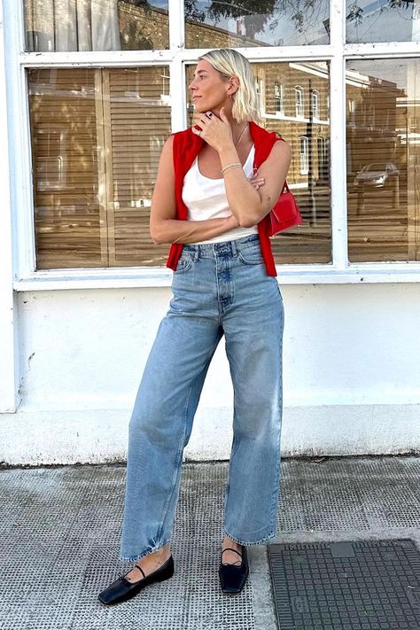 Flats Jeans Outfit, Denim Flats Outfit, Rothy’s Mary Jane Outfit, Mary Jane Flats Outfits, Red Mary Jane Flats Outfit, Red And Denim Outfits, Blue Jeans Summer Outfit, Blue Flats Outfit, Mary Jane Shoes Outfit Jeans