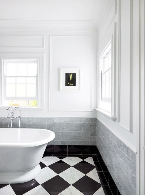 Greg Natale Bathroom, Black And White Bathroom Floor, Checkerboard Tile, Classic Bathrooms, Timeless Bathroom Design, Marble Walls, Black And White Tiles Bathroom, Greg Natale, Bathroom Upstairs