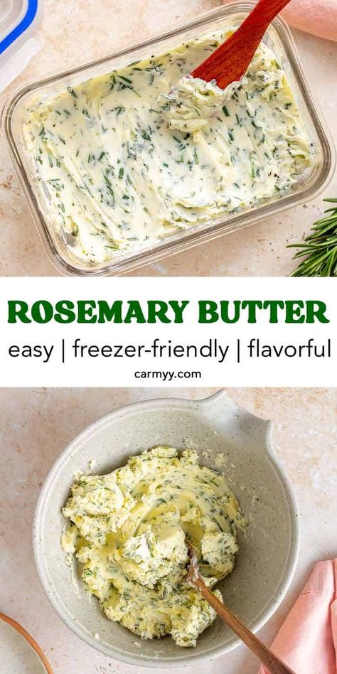 This homemade rosemary butter recipe is the perfect addition to anything from steaks, chicken, roasted vegetables, and more! It’s so easy to make with only a handful of ingredients. It’s a wonderful compound butter that adds so much extra flavor to your meal and instantly elevates it. Herb Butter For Chicken, Rosemary Butter Recipe, Homemade Butter Flavors, Seasoned Butters, Rosemary Compound Butter, Rosemary Ideas, Infused Butter Recipe, Roasted Garlic Butter Recipe, Rosemary Butter