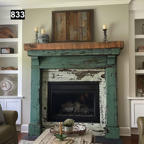 Distressed Fireplace Mantel, Fake Fireplaces, Wood Beam Fireplace, Rustic Farmhouse Fireplace, Distressed Fireplace, Fireplace Makeovers, Beam Fireplace, Dream Building, Diy Mantel