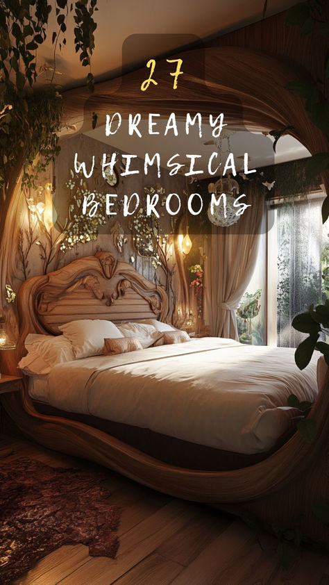 Dreaming of a magical bedroom? Click to discover 27 whimsical bedroom ideas that blend fairy-tale elements with modern chic for a dreamy escape. 🌟🛏️ #WhimsicalBedroom #FairyTaleChic #DreamyEscape #BedroomInspiration #MagicalDesign Romantic Whimsical Bedroom, Whimsical Master Bed, Elegant Whimsical Home Decor, Enchanted Interior Design, Fantasy Cottage Bedroom, Whimsical Gothic Bedroom, Fairy Tale Interior Design, Fairytale Cottage Bedroom, Jane Austen Bedroom Aesthetic