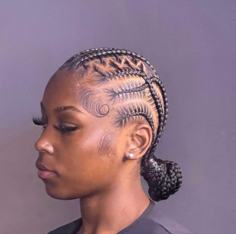 Corn Row Braids Black Women Designs, 5 Stitch Feed In Braids With Design, Braided Double Buns Black Women, Braided Cornrow Hairstyles Colour, 5 Stitch Feed In Braids In A Bun, Cris Cross Stitch Braids, Braids On Scalp Hairstyles, Feed In Braids Cornrows Straight Back Bun, Braided Ponytail Hairstyles Cornrow