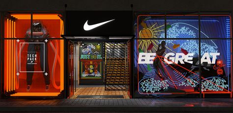 Industrial Typography, Nike Retail, Vitrine Design, Desain Ui, Storefront Design, Retail Windows, Sports Store, Showroom Design, Retail Store Design