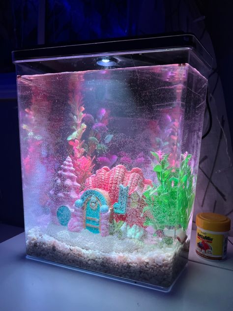 Pink Fish Tank Ideas, Cute Betta Fish Tank Ideas, Kawaii Fish Tank, 2000s Aquarium, Fish Perspective, Pink Terrarium, Kampung House, Fake Fish Tank, Fish Tank Ideas